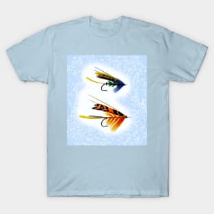 Two Artificial Flies on a Blue Background T-Shirt